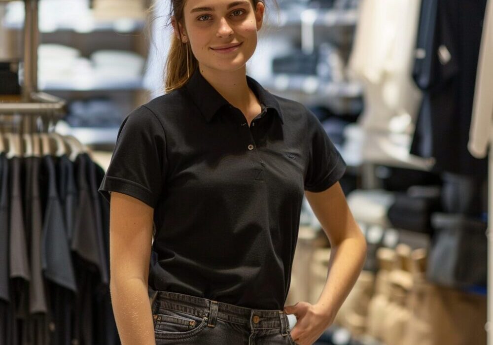 retail employee standing among clothing racks, smiling