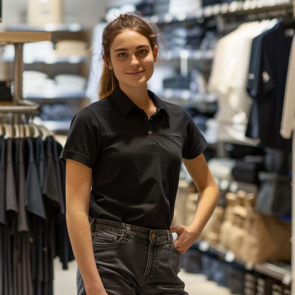 retail employee standing among clothing racks, smiling