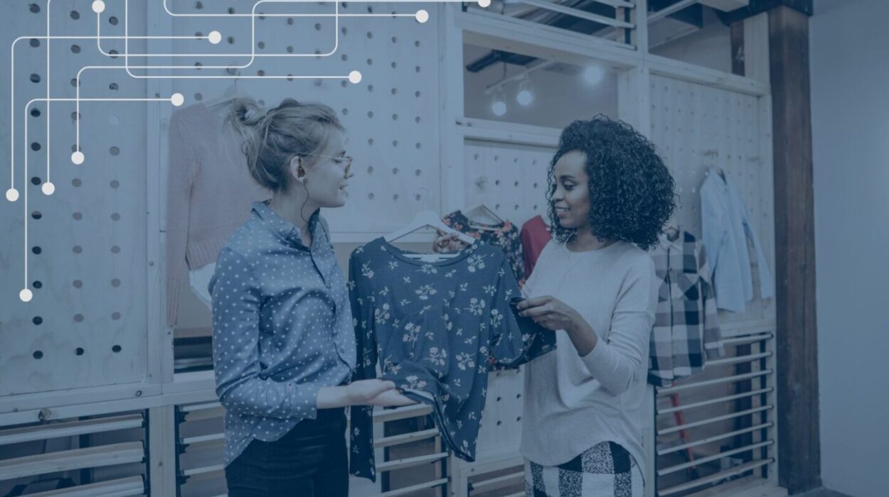 a store associate helping a customer pick out a shirt