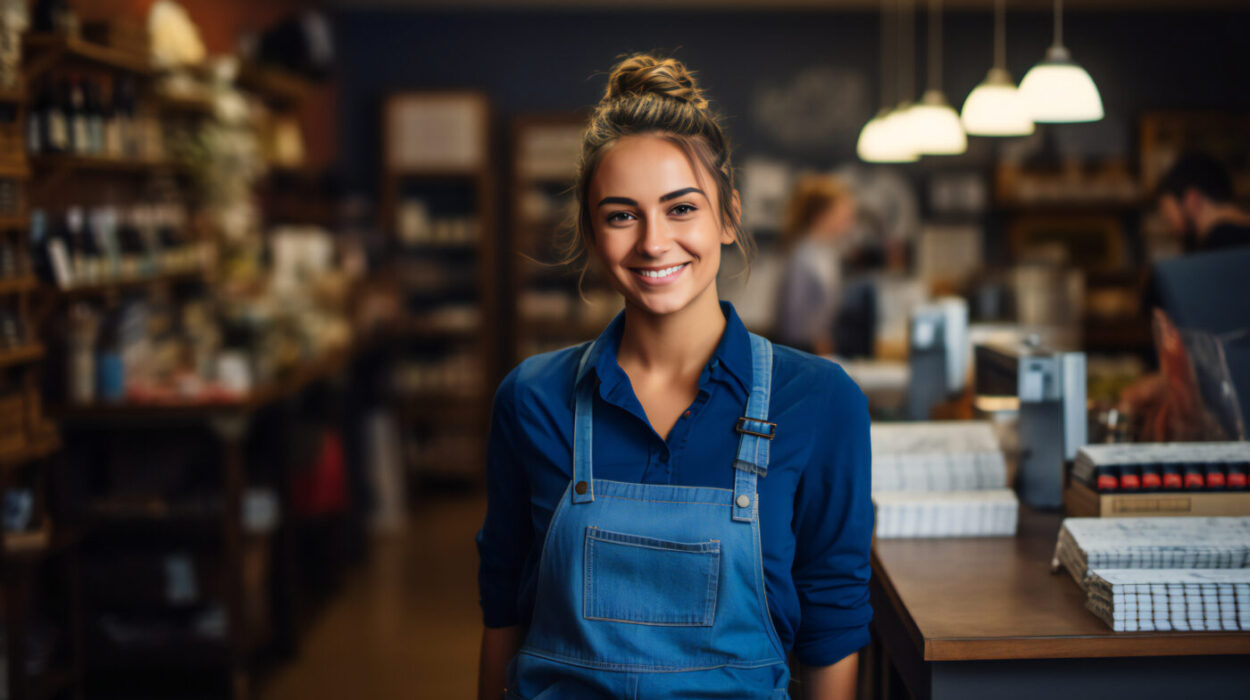 Portrait of confident young supermarket woman, clerk standing at counter. Bakery. Grocery store. Business, shopping concept