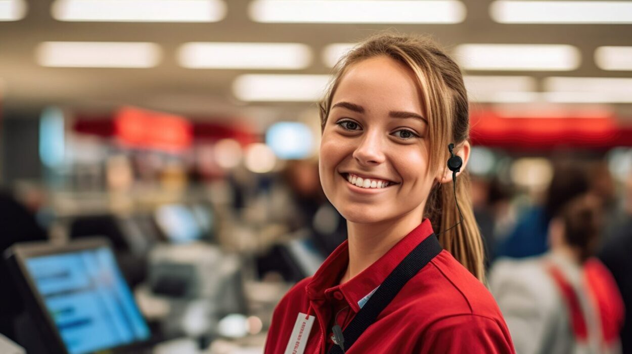 a young woman retail employee wearing a red polo and smiling at the camera