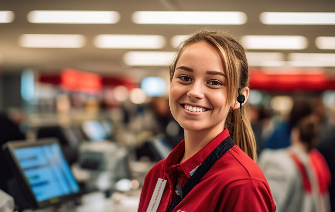 a young woman retail employee wearing a red polo and smiling at the camera