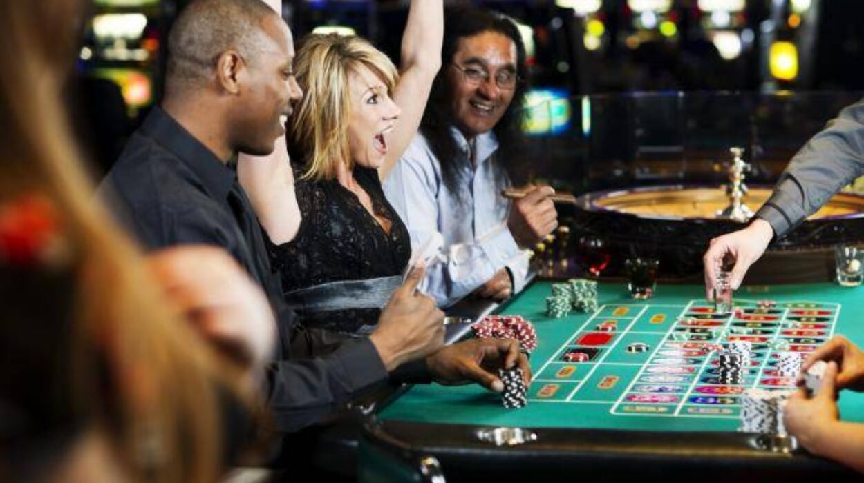 a woman cheering for winning a card game at a casino, surrounded by players