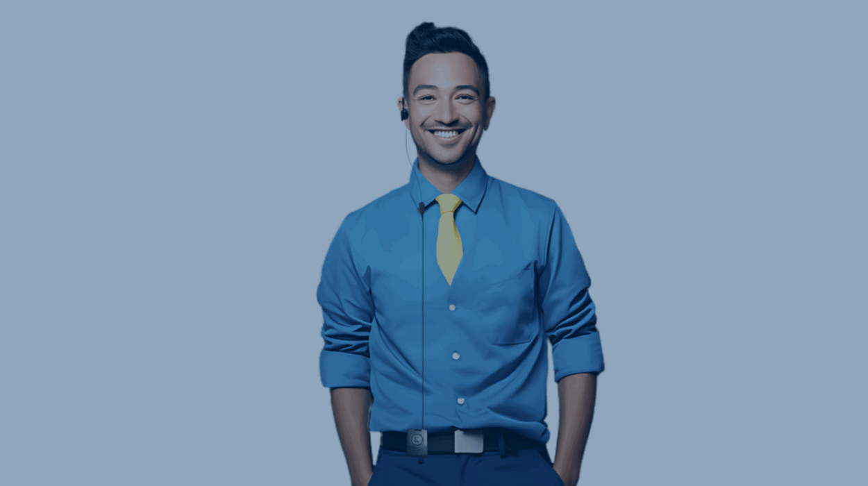 a retail employee wearing shirt and tie, smiling as he has theatro headset and communicator