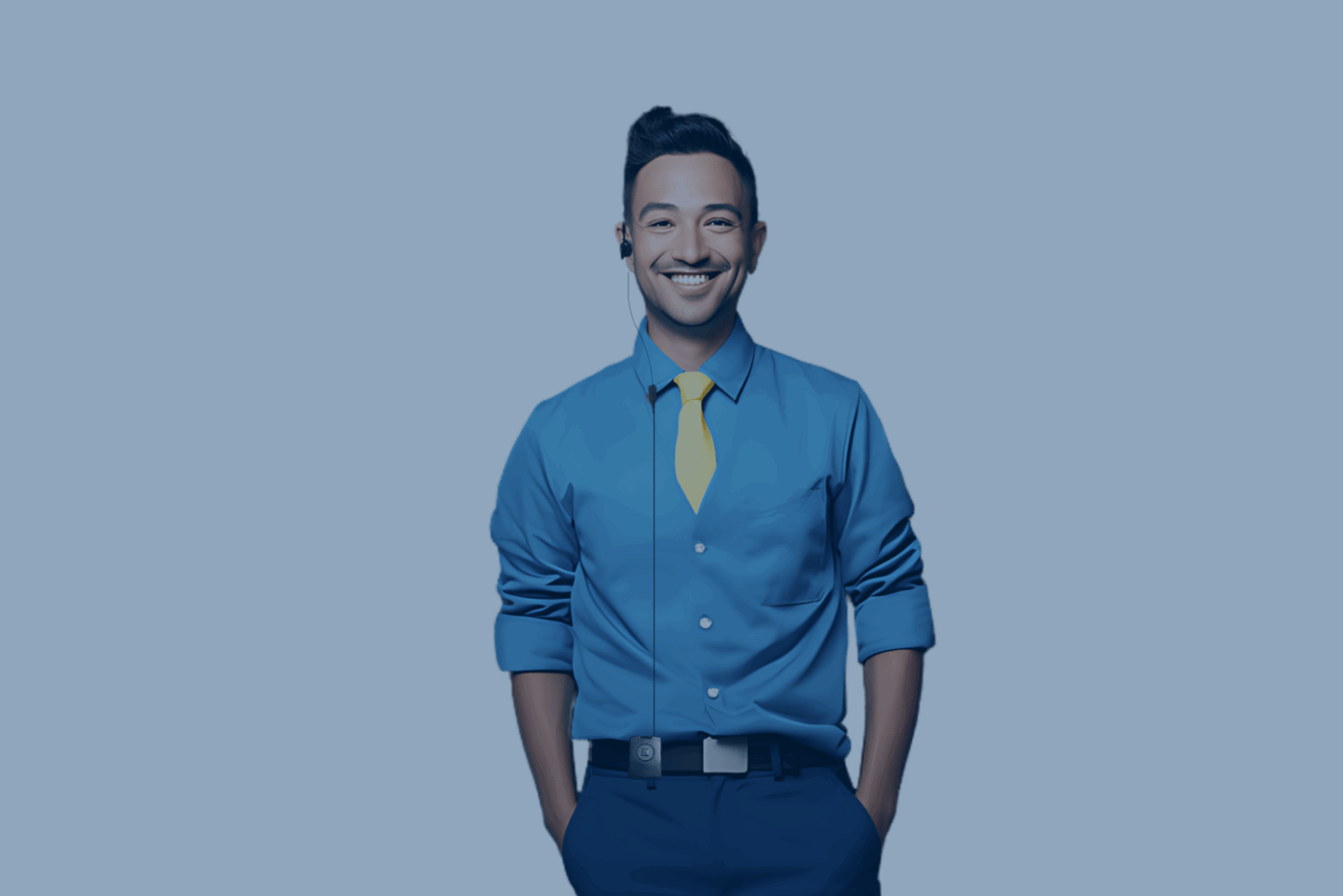 a retail employee wearing shirt and tie, smiling as he has theatro headset and communicator