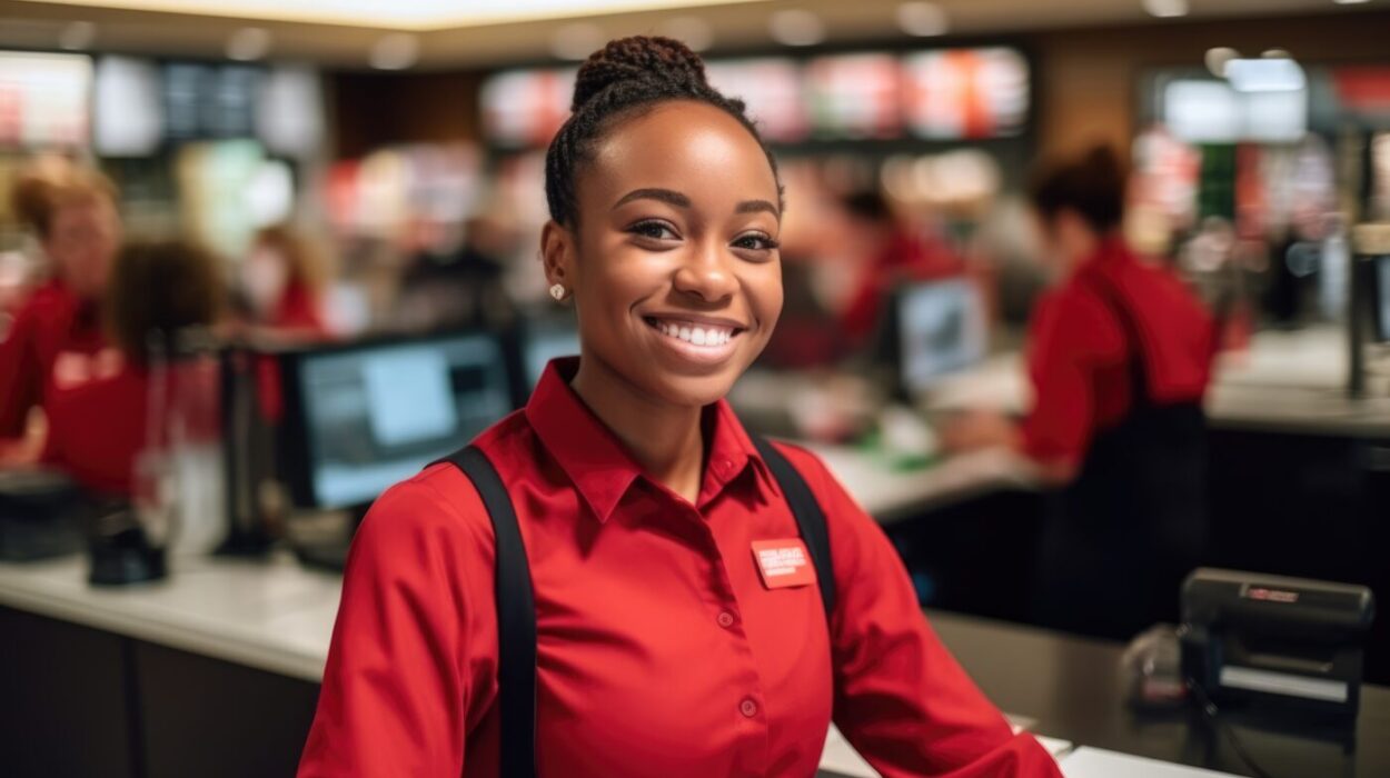 Smiling young female supermarket worker looking at the camera. Generative AI