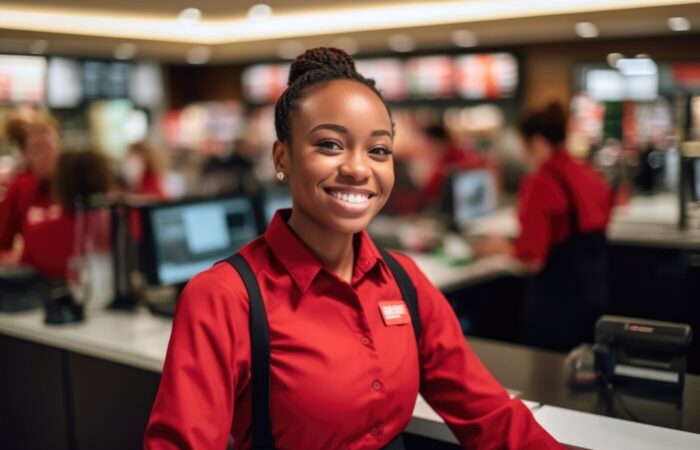 Smiling young female supermarket worker looking at the camera. Generative AI