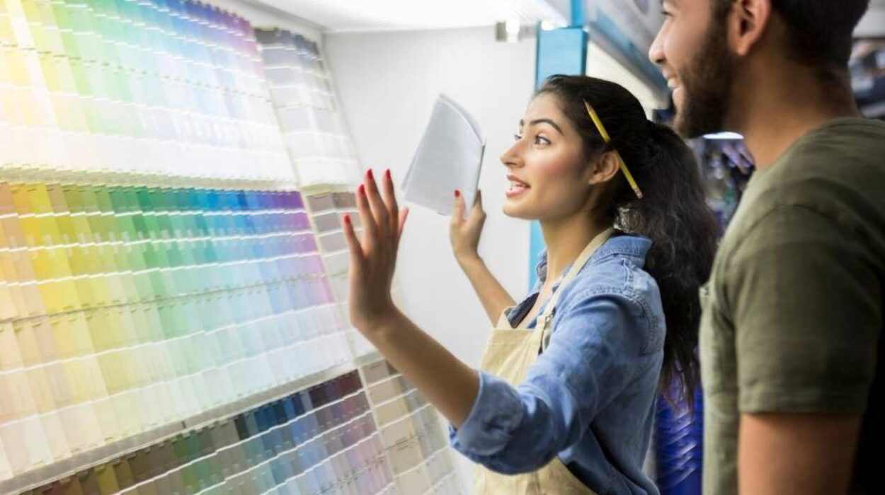 a hardware store employee assisting a customer in the paint samples department