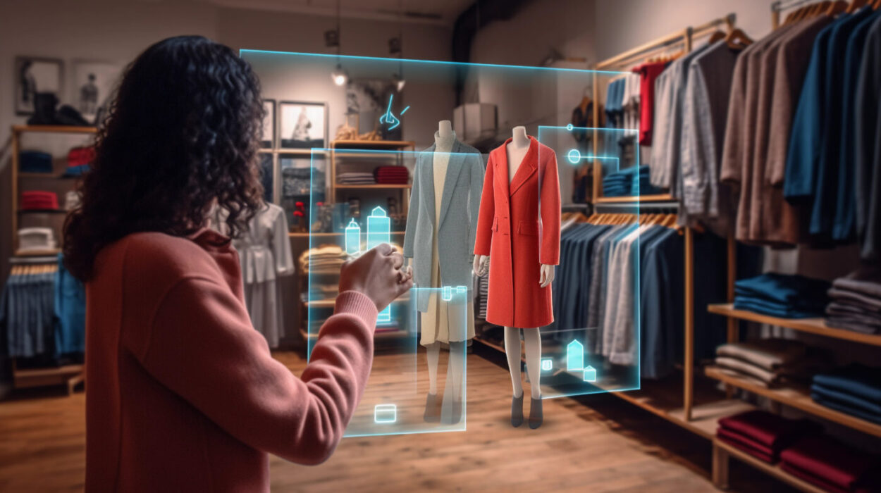 Person Using Augmented Reality to Explore Virtual Product Displays in a Shop. Generative AI