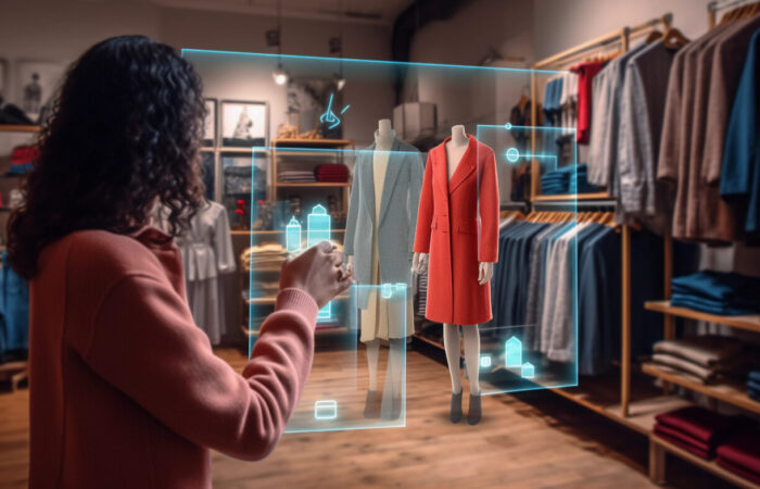 Person Using Augmented Reality to Explore Virtual Product Displays in a Shop. Generative AI