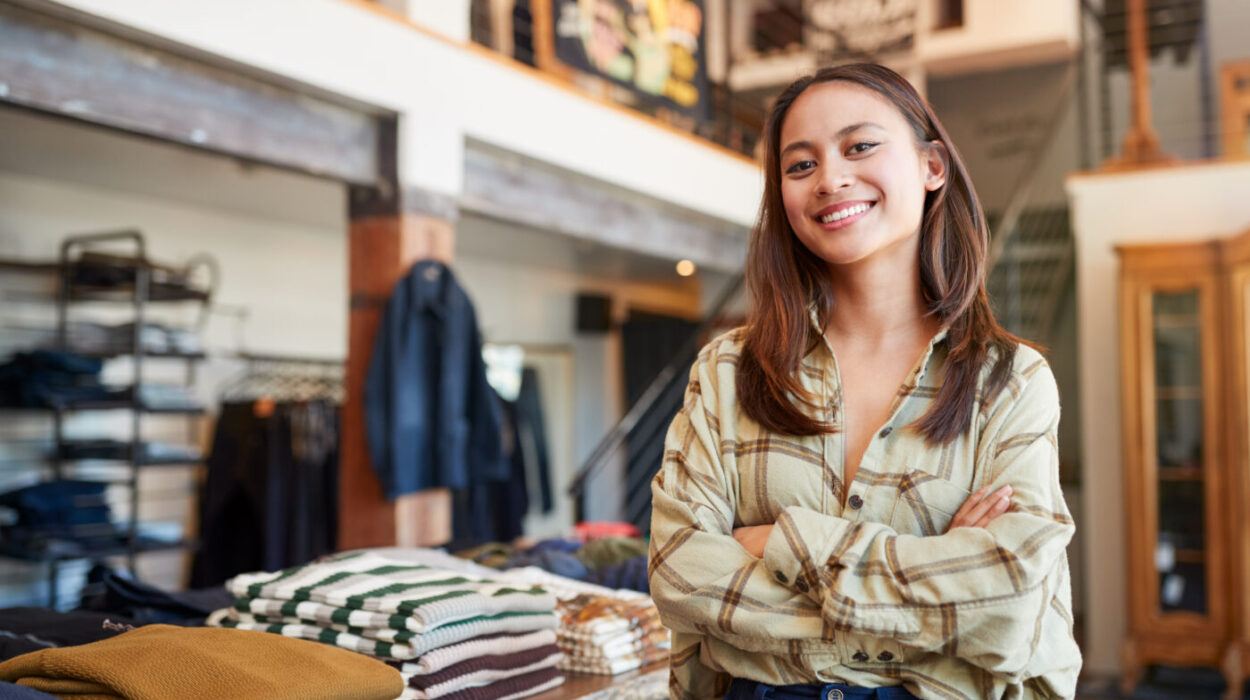 Portrait Of Smiling Female Owner Of Fashion Store Standing In Front Of Clothing Display