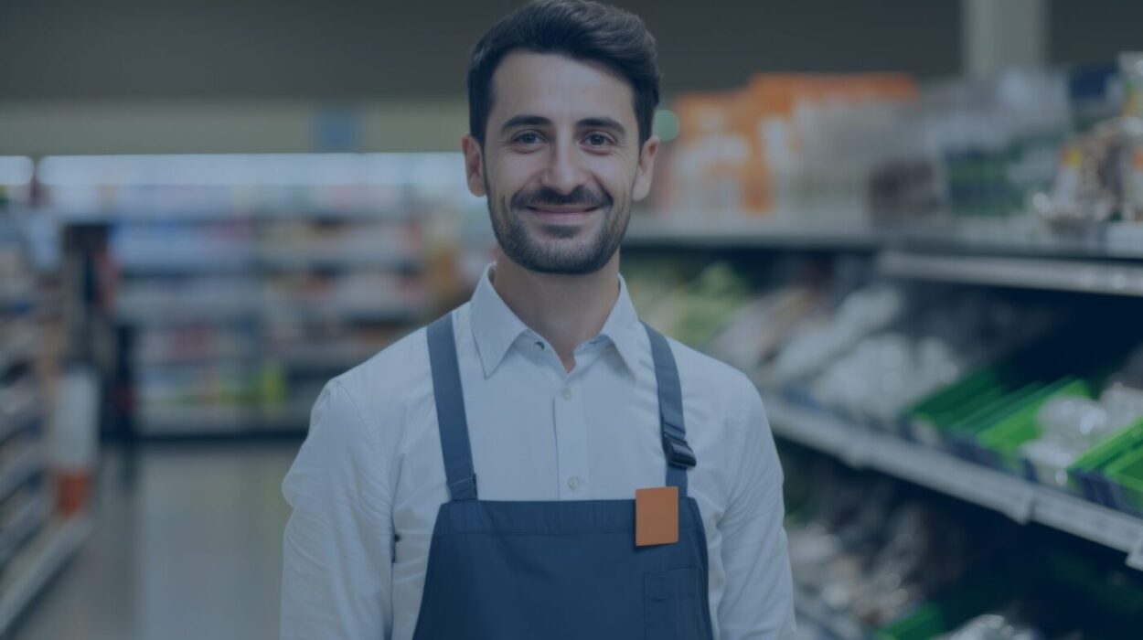 male retail worker wearing an apron and standing in a food aisle of a grocery store