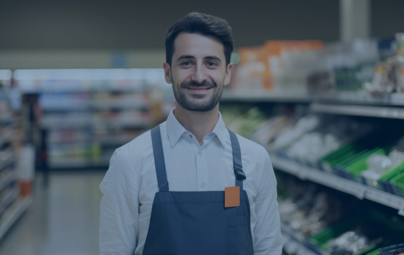male retail worker wearing an apron and standing in a food aisle of a grocery store