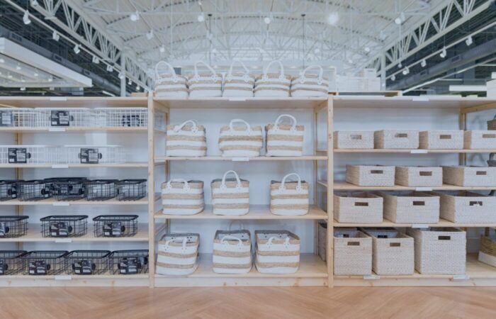 a photo of a row of shelves in a big box store showing storage containers