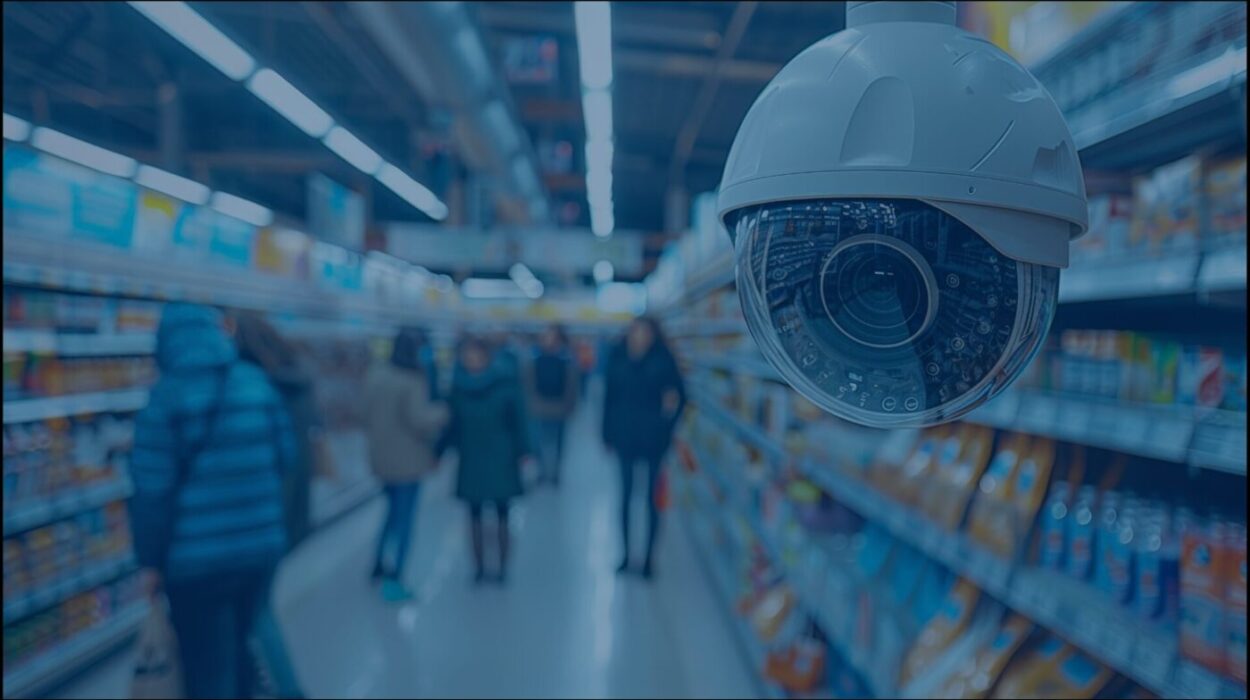 a security camera in focus in the aisle of a grocery store, while patrons are shopping the background, slightly blurred