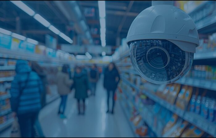 a security camera in focus in the aisle of a grocery store, while patrons are shopping the background, slightly blurred