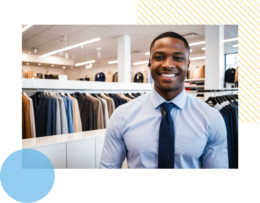 retail employee wearing blue shirt and tie smiling