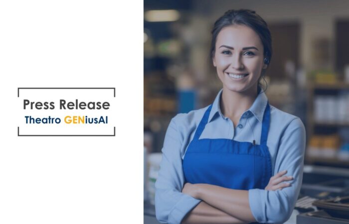female retail employee wearing a blue apro, smiling, and wearing a theatro device