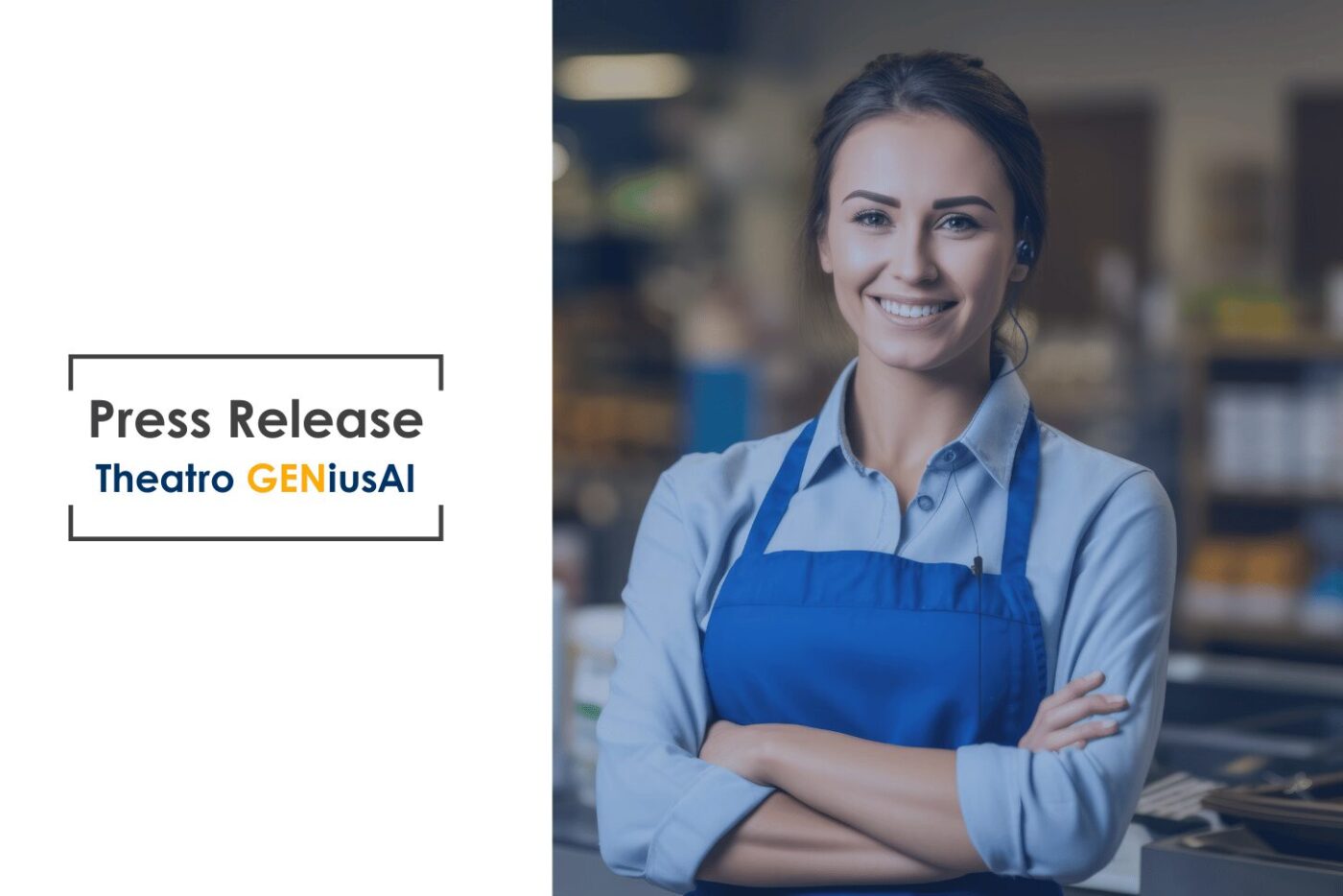 female retail employee wearing a blue apro, smiling, and wearing a theatro device